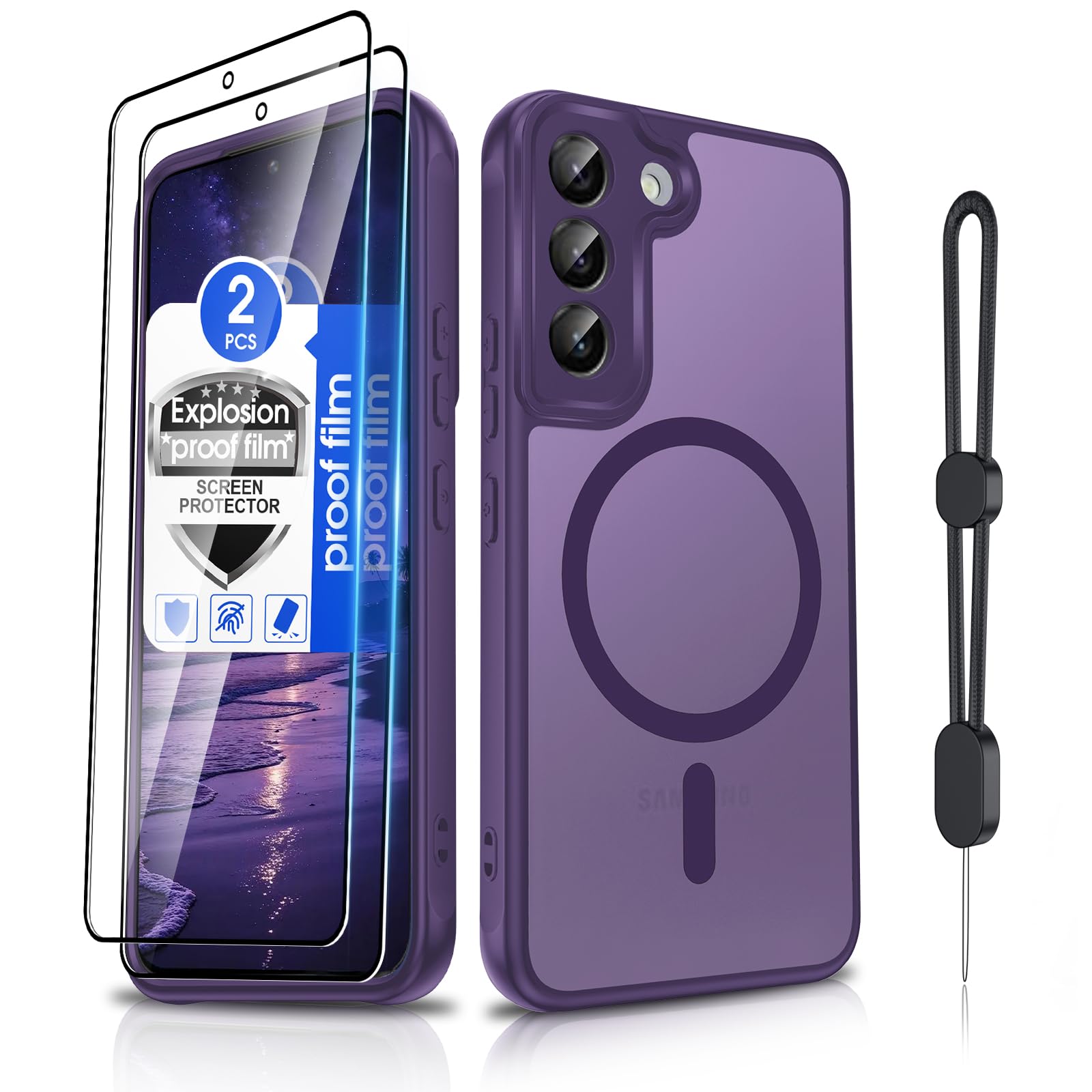 Dizn for Samsung Galaxy S22 Case:with [2 Pcs Explosion-Proof film],wrist Band,Fit for MagSafe,Matte Translucent Thin Soft Phone Case,Military-Grade Shockproof Protection for Galaxy 6.1-Inch S22,Purple