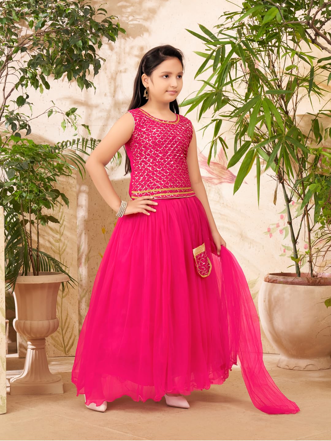 Aarika Girls Ethnic Wear Rani Colour Sequin Embroidery Georgette Lehenga Choli Set Attached Bag (4-10 Years)