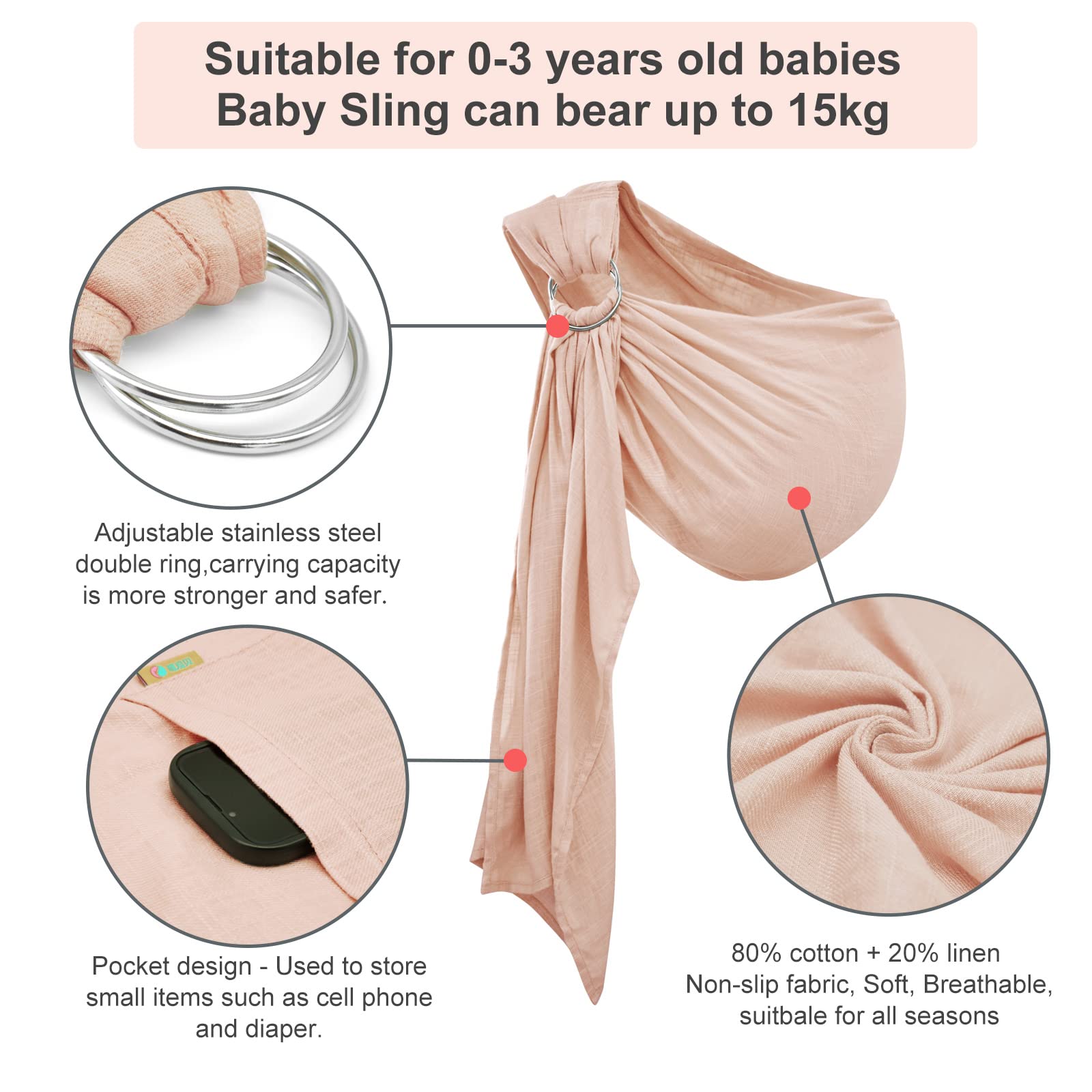 Écharpe de transport pour bébé, porte-bébé nouveau-né à tout-petit, léger et respirant pour l'été, la natation, la piscine, la plage, poitrine avant rose (25,4 à 13,6 kg)