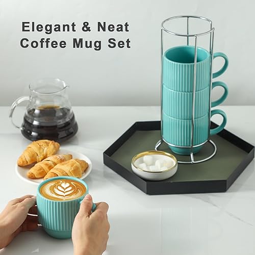 Vista 112 de Hasense Juego de 4 tazas de café de cerámica con soporte, 15 onzas, apilables, grandes, de porcelana, acanaladas, para capuchino, té, cacao
