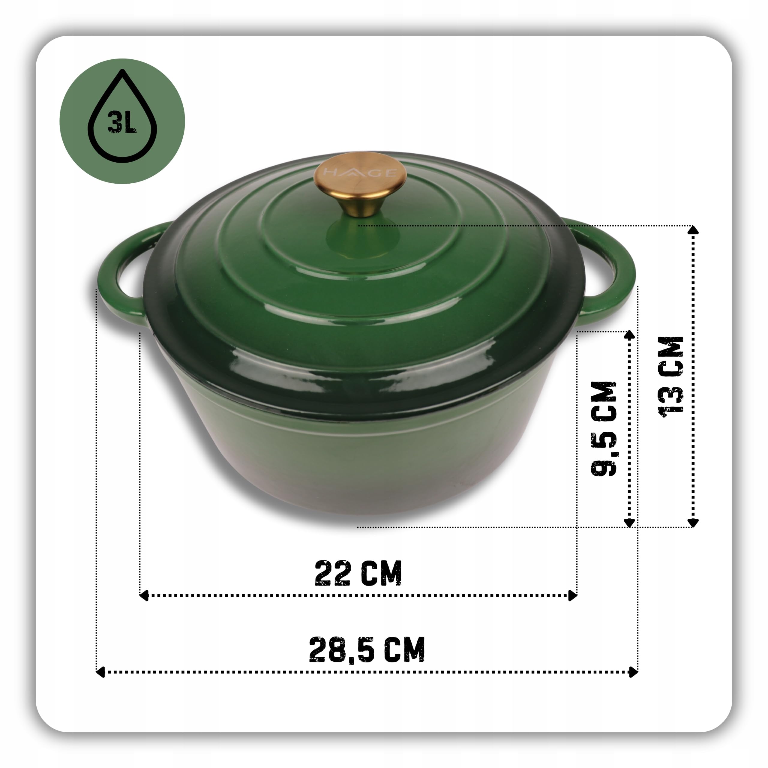HAGE Olla de hierro fundido esmaltada con tapa 3 l 22 cm – Cacerola alta esmaltada para todo tipo de fuegos – Cacerola de hierro fundido para inducción apta para horno – olla de pan para hornear pan