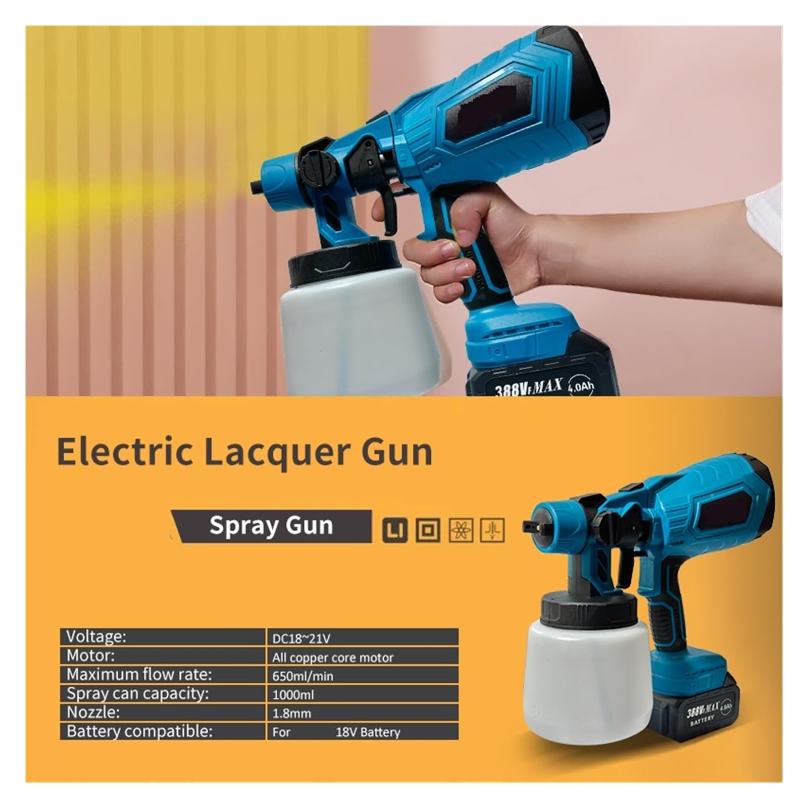 1000ML Elektryczny Pistolet Natryskowy Bezprzewodowy Pistolet Do Malowania Meble Samochodowe Powłoka Stalowa Aerograf Kompatybilny Z Akumulatorem 18V łAtwa W UżYciu(1 Battery Set-388VF)