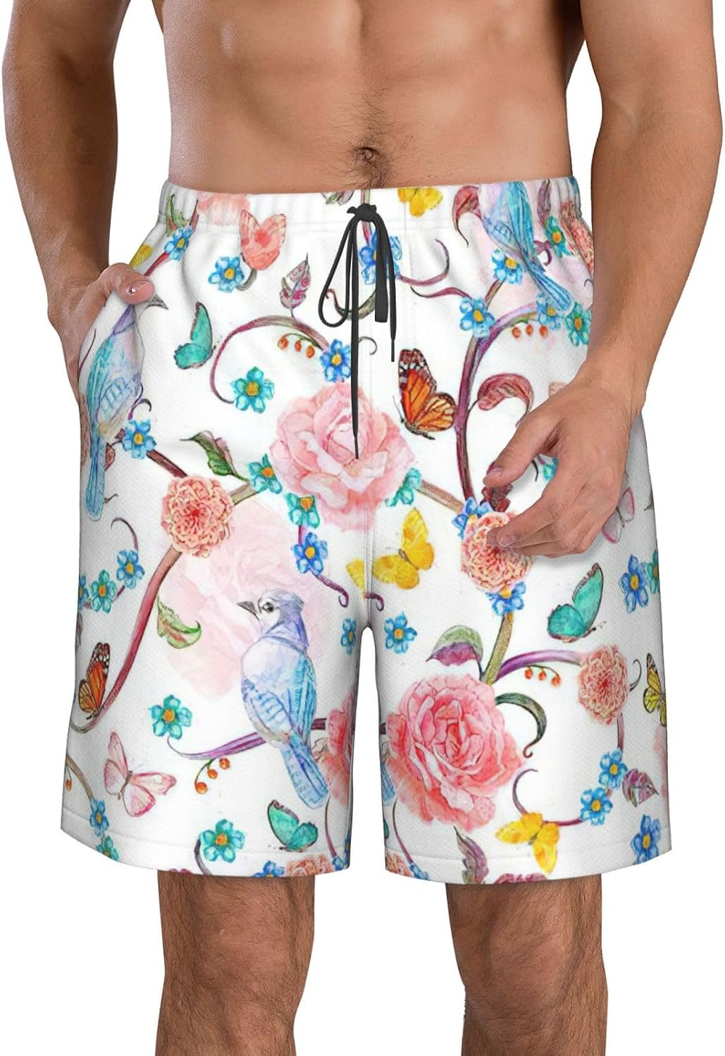 Romantic Fancy Floral Birds Butterfly Print Men's Swim Trunks Quick Dry Beach Shorts with Pockets Lining Swimwear