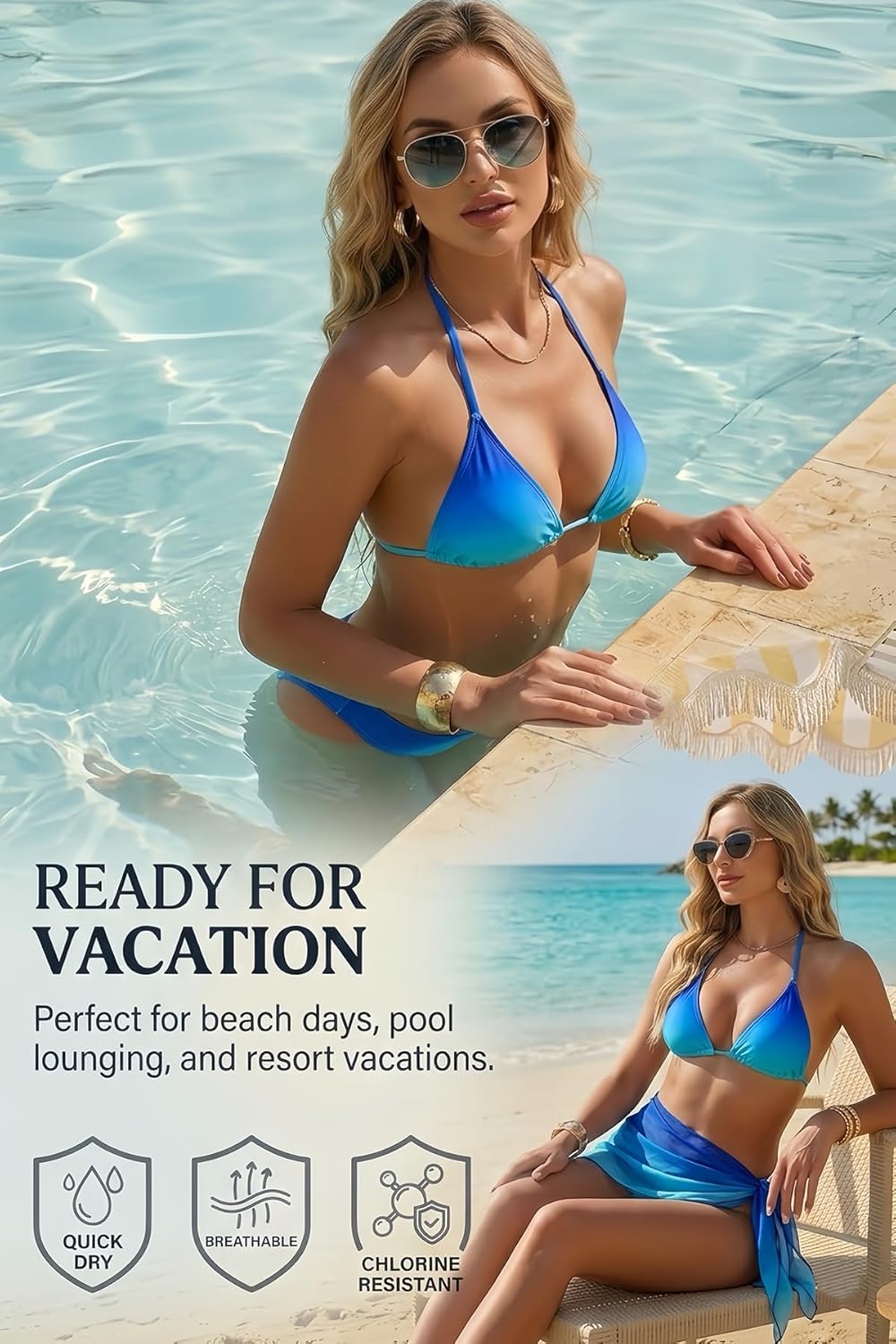 Women's 3 Piece Sexy Triangle Bikini Set with Sheer Mesh Sarong Cover Up - Halter Swimsuit for Beach Vacation 2026