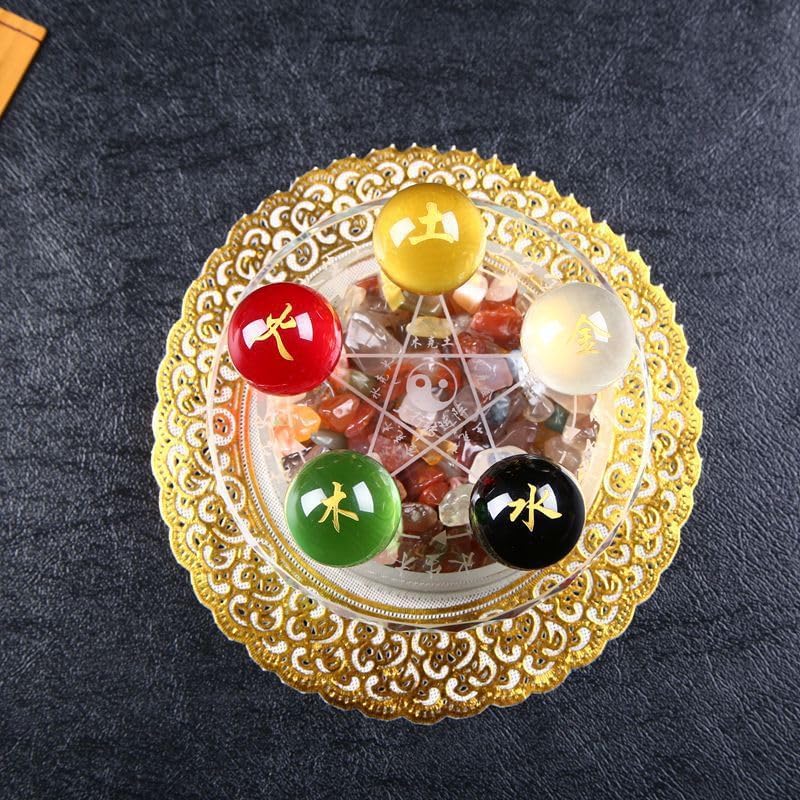 Five Road God Crystal Ball Ornament with Five Elements Beads, Gold, Wood, Water, Fire, Earth, Colorful Beads