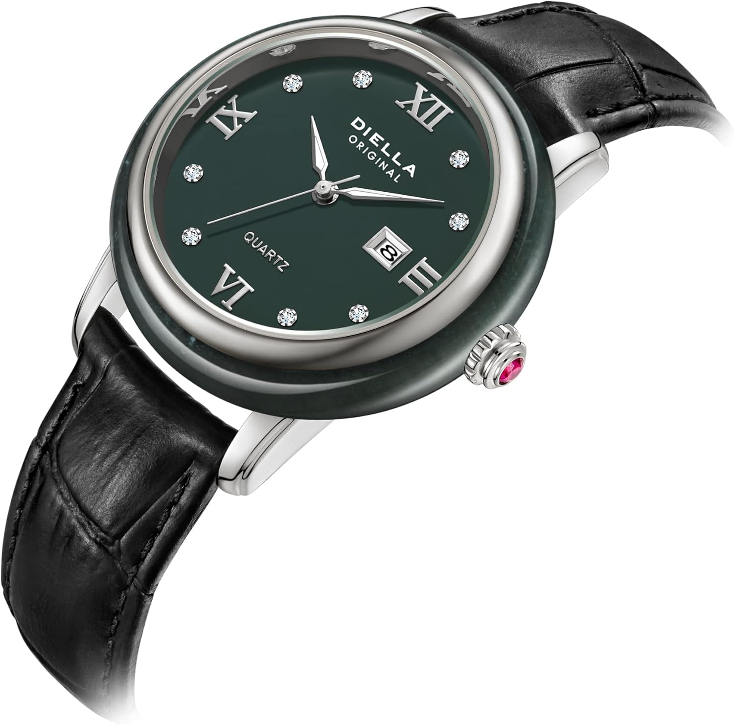 Diella Watches for Women Jade Inlay and Rhinestones Inlaid on The Plate Crown with Ruby Leather Strap, 5ATM Waterproof, Date Luminous for Luxurious, Fashionable Gift Women