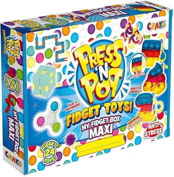 CRAZE PressNPop Press N My Box Maxi 24 Toys Anti-Stress Toy Set with Pop It Key Hanger Cube Fidget Spinner and Much More 38147, Beautiful Colour Combinations