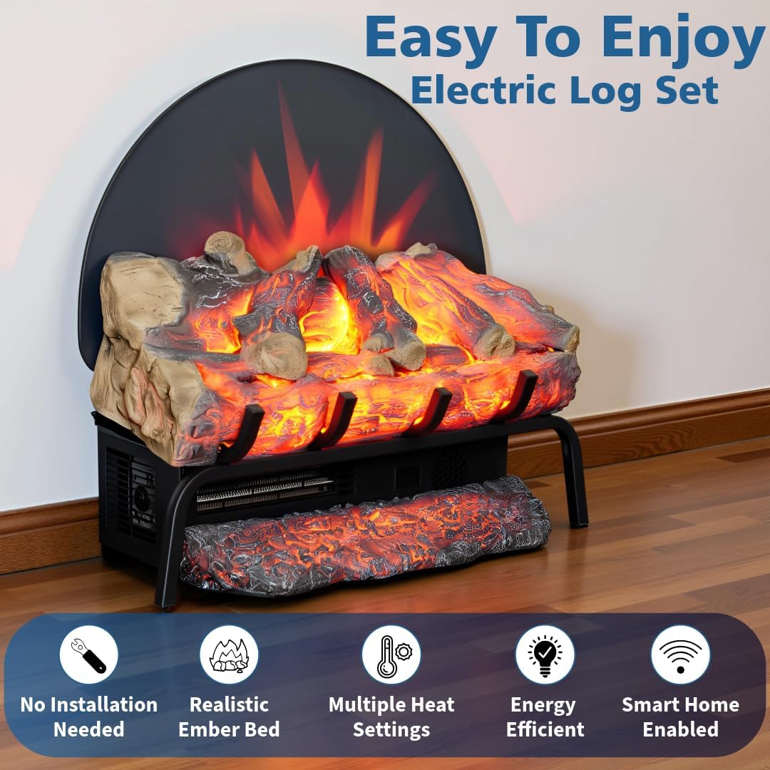 Touchstone BurnBrite 22" Free Standing Electric Fireplace Log Set, Fireplace Insert, 750W/1500W Heater, 3 Flame-10 Ember Colors, Crackling Sound, Alexa-WiFi Enabled, Remote Control