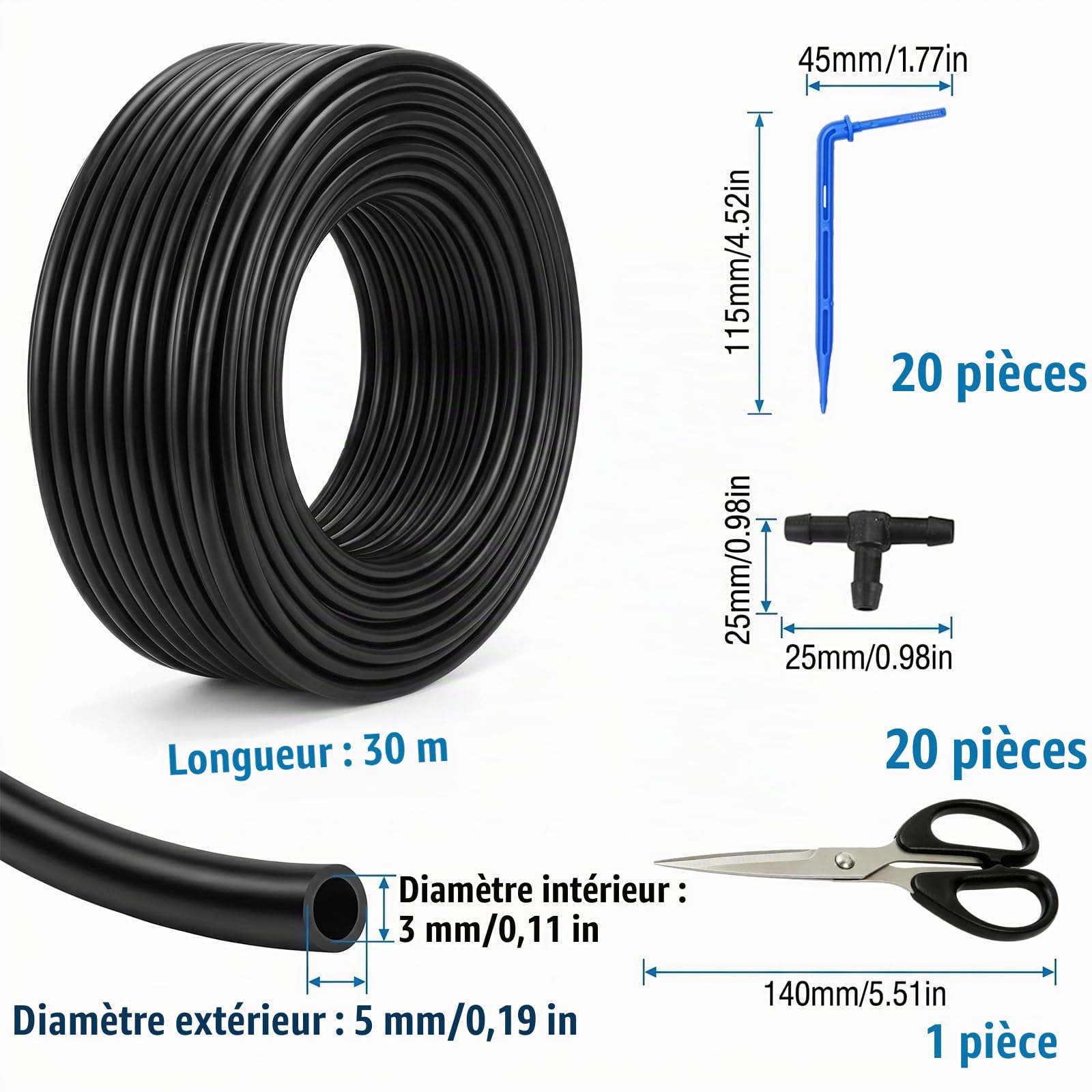 Tuyau Arrosage Goutte à Goutte 30m, Tuyau 3/5 Mm Avec 20 Goutteurs | Arrosage Automatique Avec 20 Connecteurs En T pour Jardin Extérieur, Balcon, Plantes en Pot et Serre