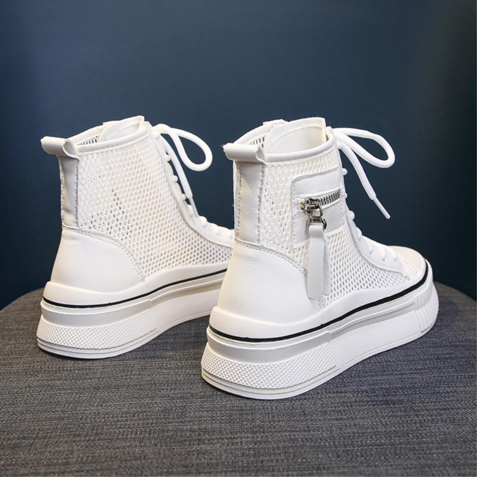 LVJMJ Damen Mesh High Top Sneaker Boots Schnürschuhe & Reißverschluss