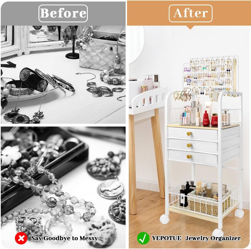 Large Jewelry Holder Organizer, Jewelry Display Stand with 3 Jewelry Box Drawers, Earring Storage Organizer Necklace Rack Jewelry Towers for Necklace Earring Bracelet Ring Watch (White)
