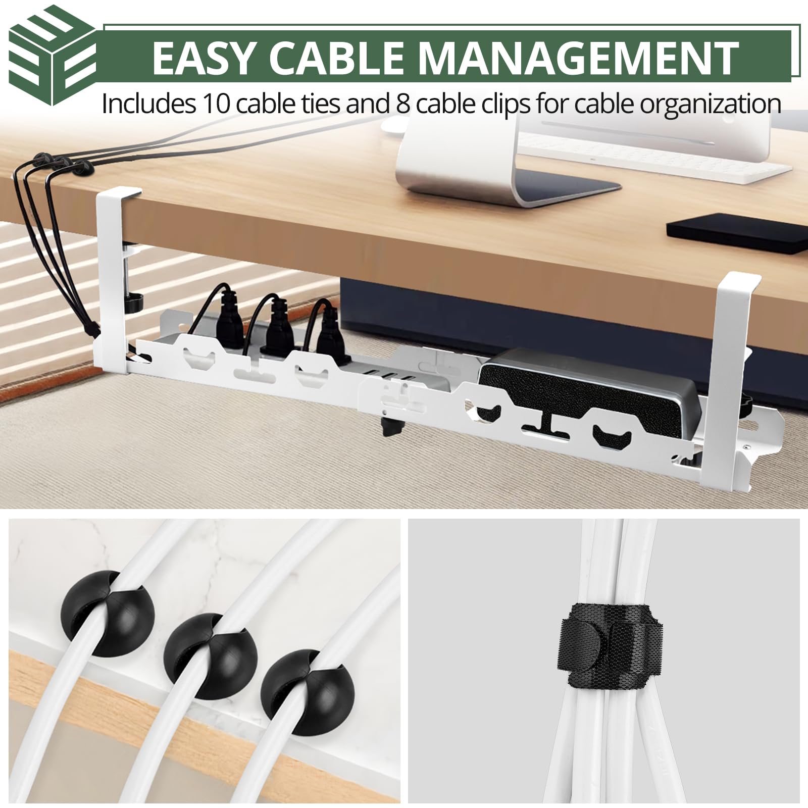 EYPINS Organizador de Cables para Debajo del Escritorio, sin Taladro, de 40-74cm, Retráctil, Resistente, de Acero al Carbono, Bandeja Cables Escritorio Blanco
