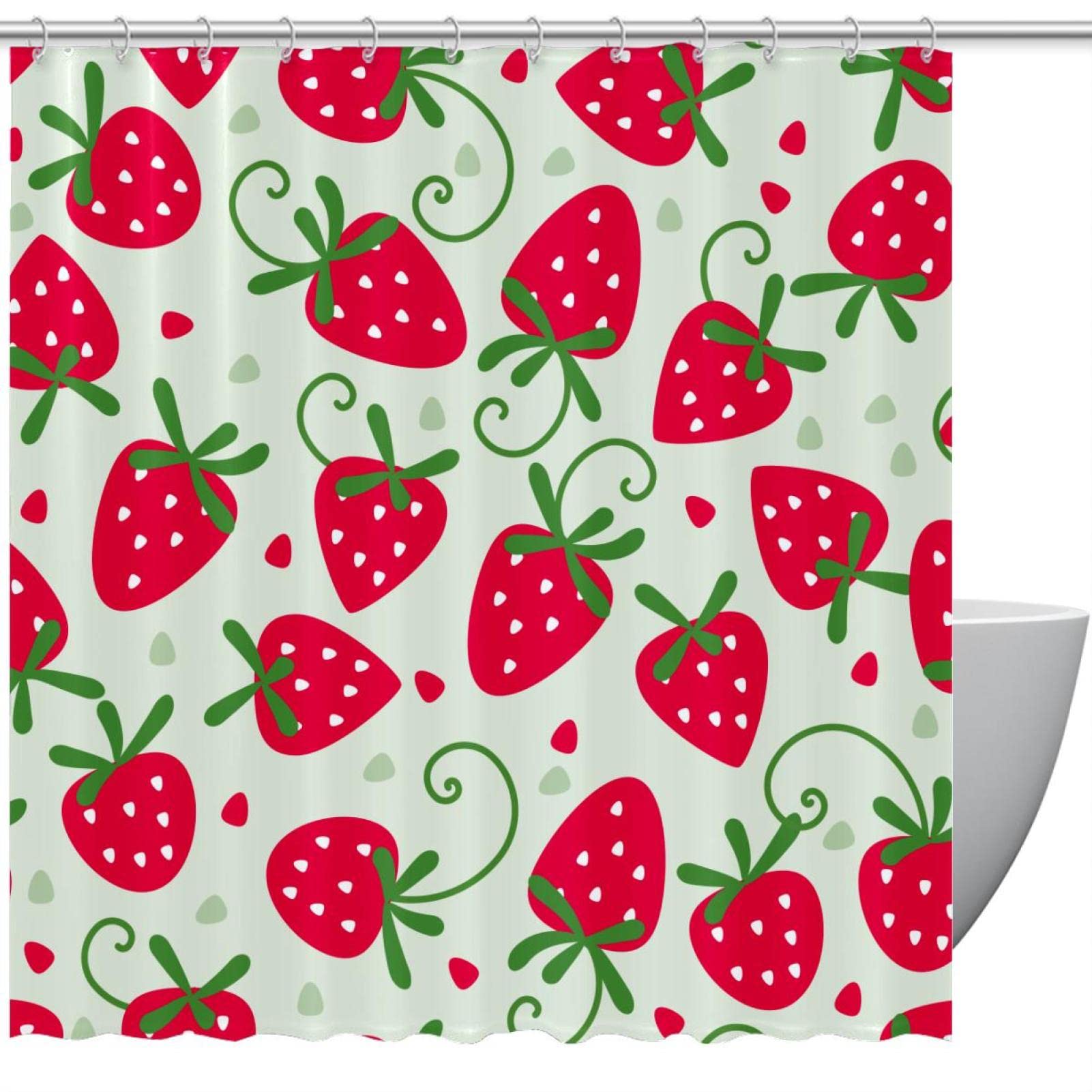Rideau de douche imprimé fraise vert durable avec 12 anneaux