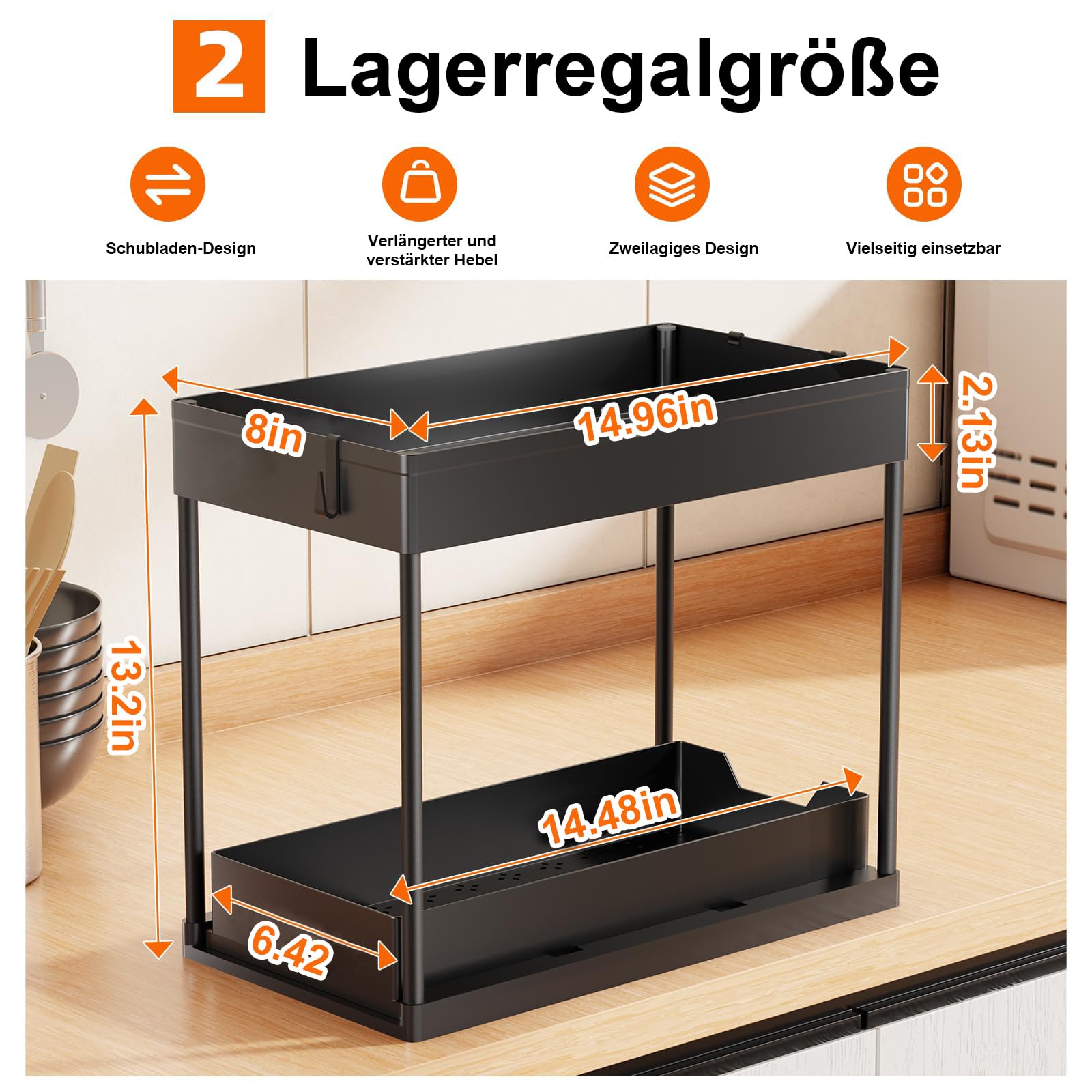Unter Waschbecken Regal, 2 Etagen Standregal, Küchen Organizer Mit Schiebeschublade, 2 Set Spülschrank Organizer, Mit 8 Haken und 2 Tasse, Mehrfunktional Küchenregal Gewürzregal (Schwarz)
