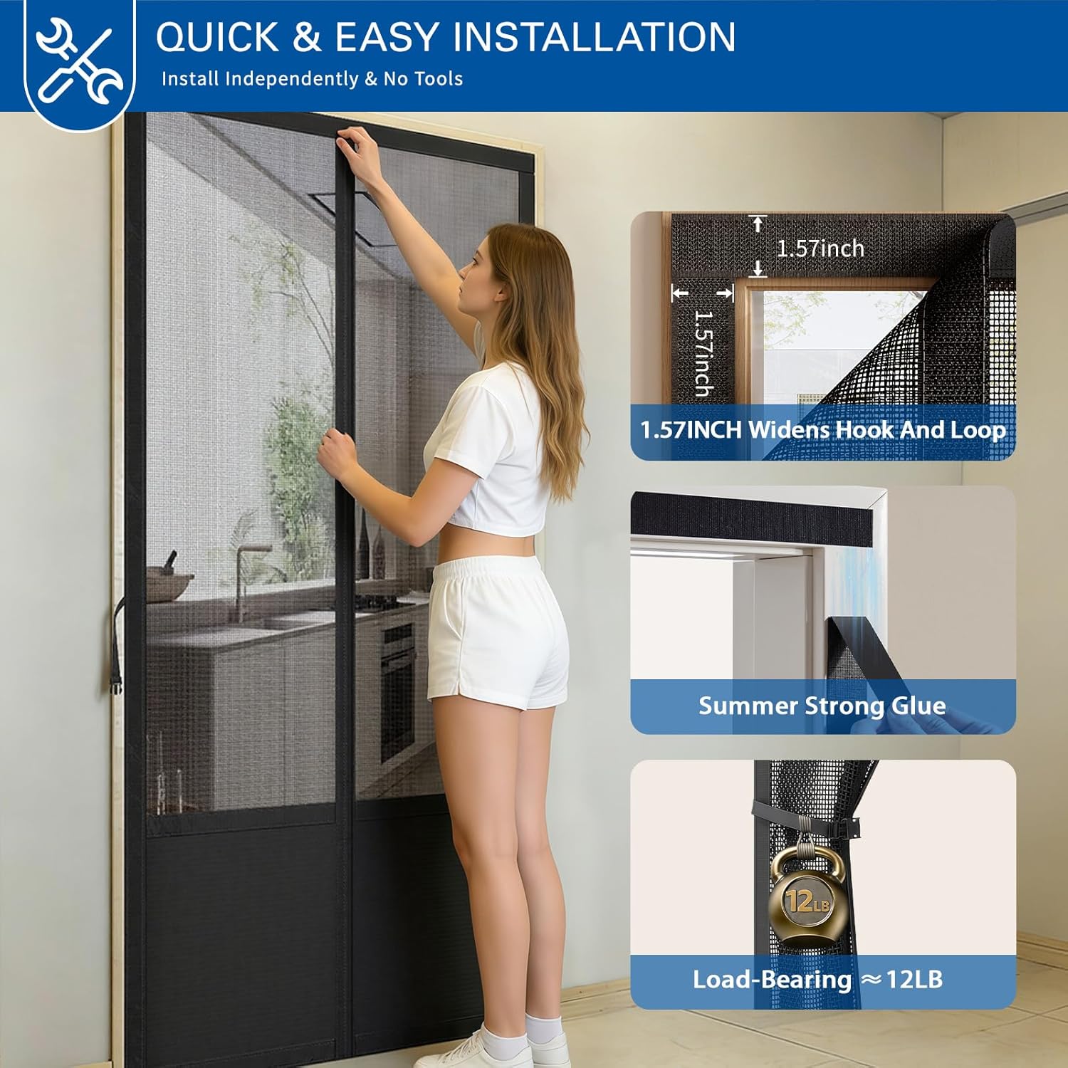 Magnetic Screen Door Fits 32x80 Inch Front Doors Heavy Duty Fiberglass Mesh,36 Magnets Auto Close,No Tools Installation,Keeps Bugs Out Lets Breeze in,Pet Kid Friendly with Storage Bag