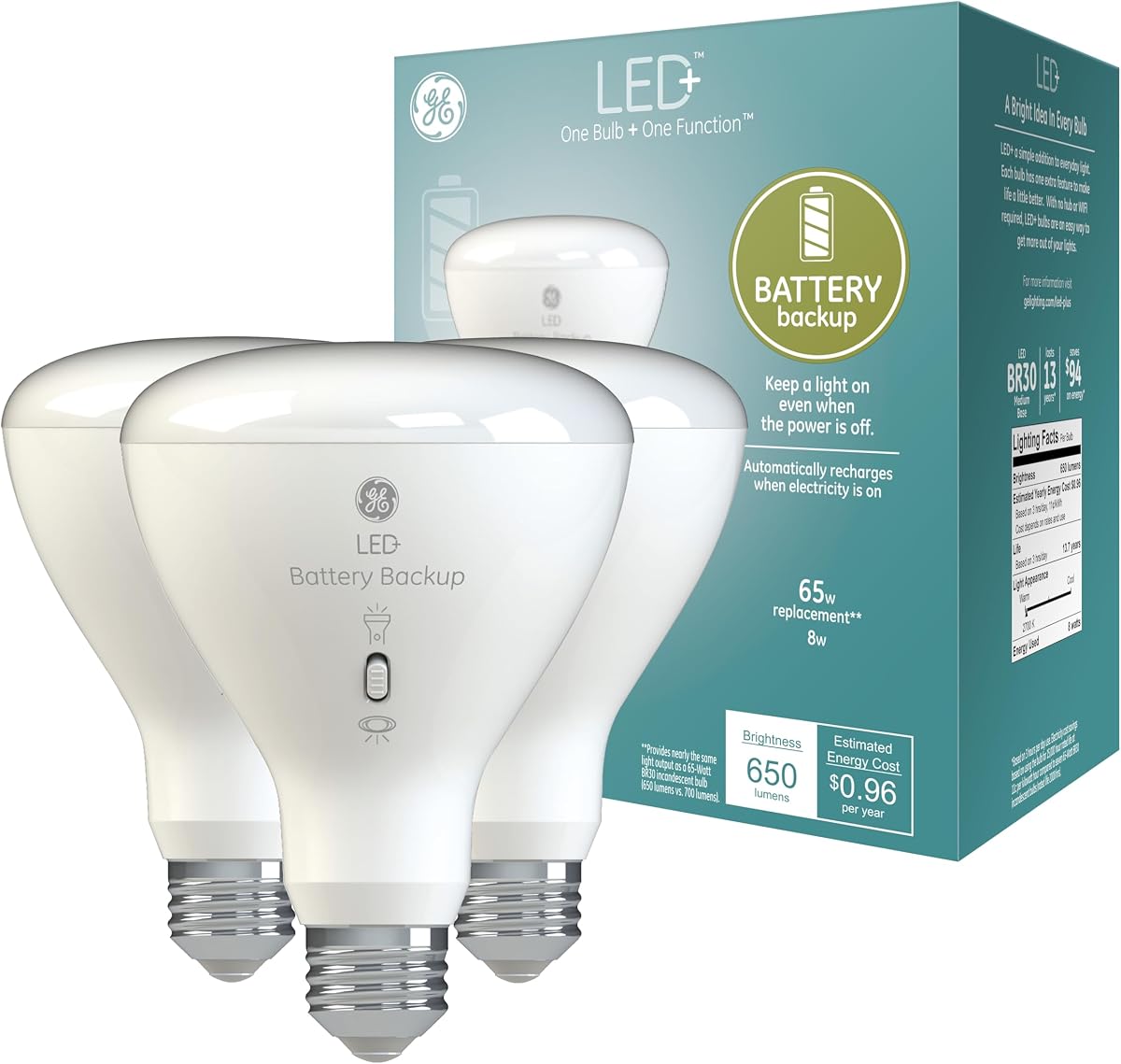 Iluminación LED+ Batería BR30 Bombillas de emergencia de respaldo, paquete de 3 | Se mantiene encendida durante los cortes de energía, batería de respaldo incorporada, reflector interior, funciona como linterna, paquete de 3