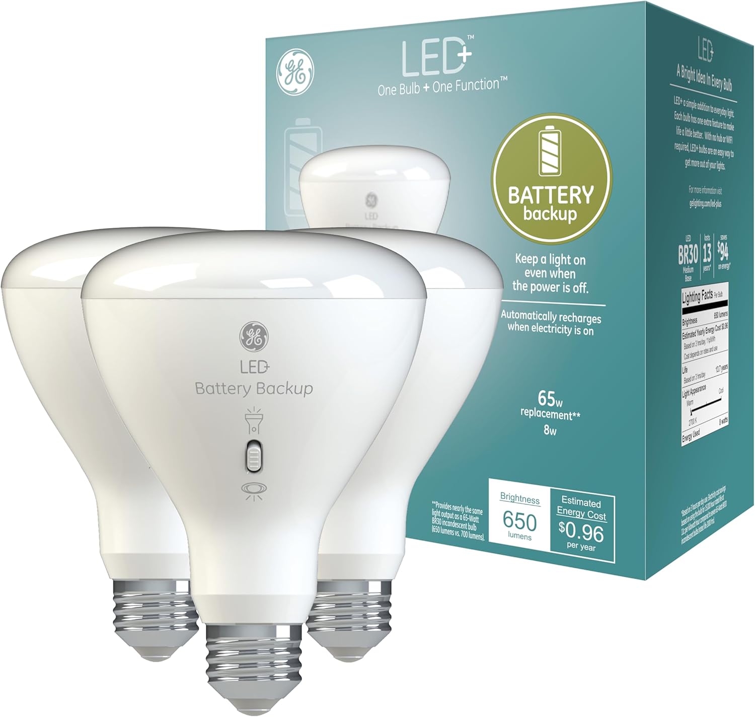 GE LED+ Battery Backup LED Mild Bulbs, Emergency Mild Bulb for Energy Outages + Flashlight, BR30 Indoor Floodlights (3 Pack)
