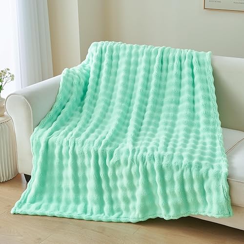 Miniatura 2 de NEWCOSPLAY Manta de piel sintética súper suave, tamaño Queen, teñido anudado, color verde azulado claro, manta cálida de felpa para sofá y cama