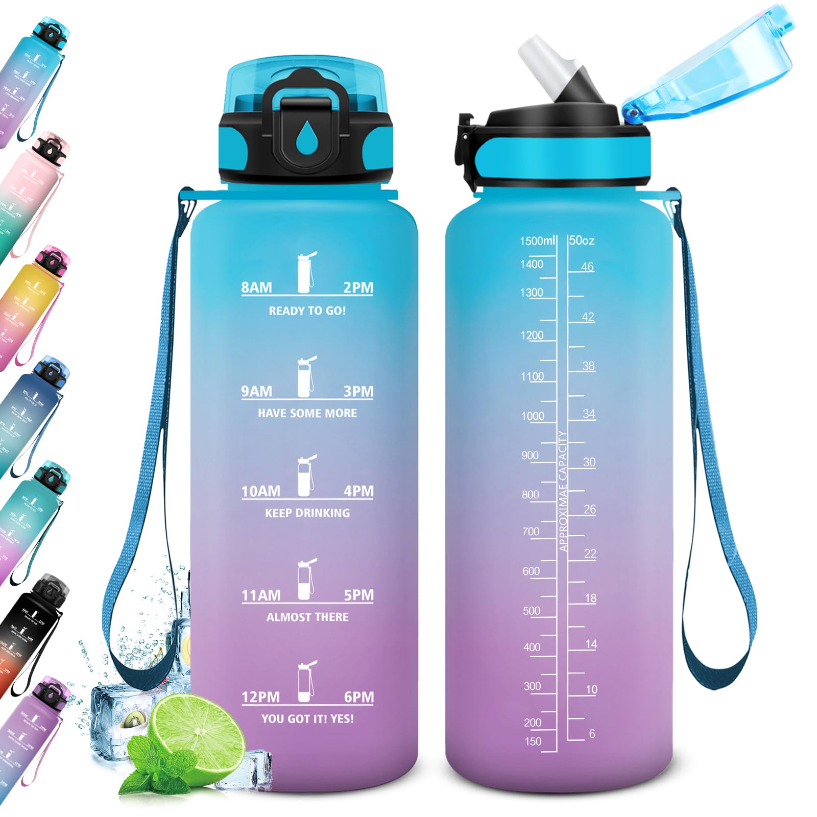 Kollykolla 50Oz | Straw | Blue + Lilac 1.5L Straw Bottle, Leak Proof, Reusable Plastic, Sports Water Bottle With Motivational Time Indicator, Ideal For Gym, Camping, Outdoor Activities