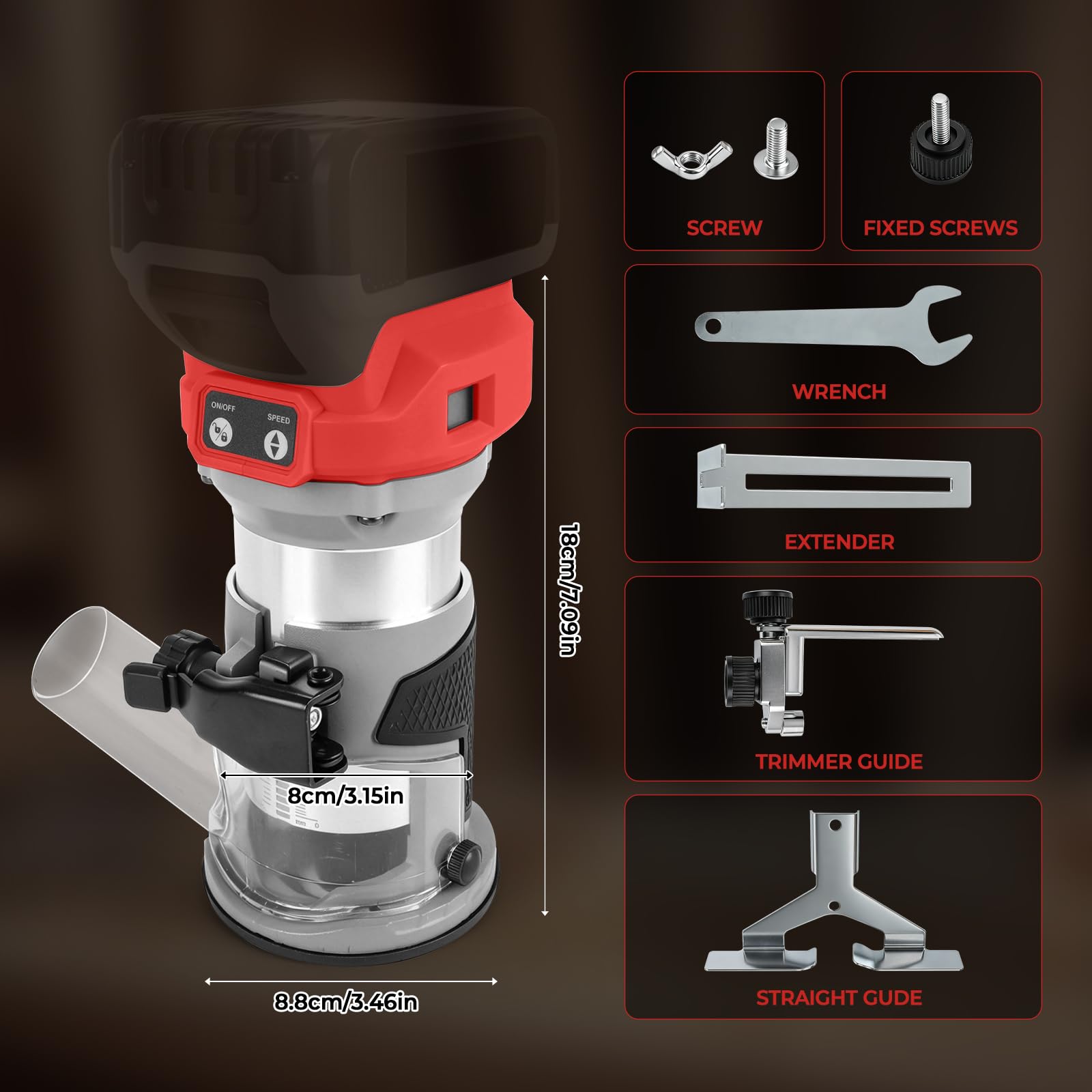 Kompakte Akku Oberfräse für Milwaukee 18V, 800W Bürstenloser Oberfräse Akku Kantenfräser mit 6 Geschwindigkeiten 30.000 U/min mit 15 Stück 1/4" Fräser (ohne Akku)