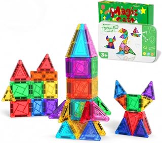 Mini Magnetic Tiles Travel Set (26/42 PCS) Portable Magnetic Building Blocks with Metal Storage Box, STEM Educational Sensory Toys for Kids 3+, Airplane Car Road Trip Activities & Gifts (42pcs)
