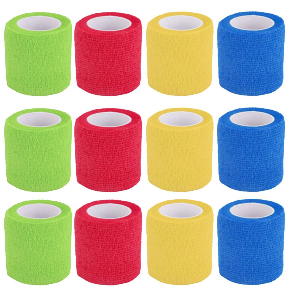 12 Rotoli Benda Elastica Coesiva – Tessuto Non Tessuto, 5 Cm X 4,5 M, 4 Colori (Blu, Rosso, Giallo, Verde) Per Sport E Primo Soccorso