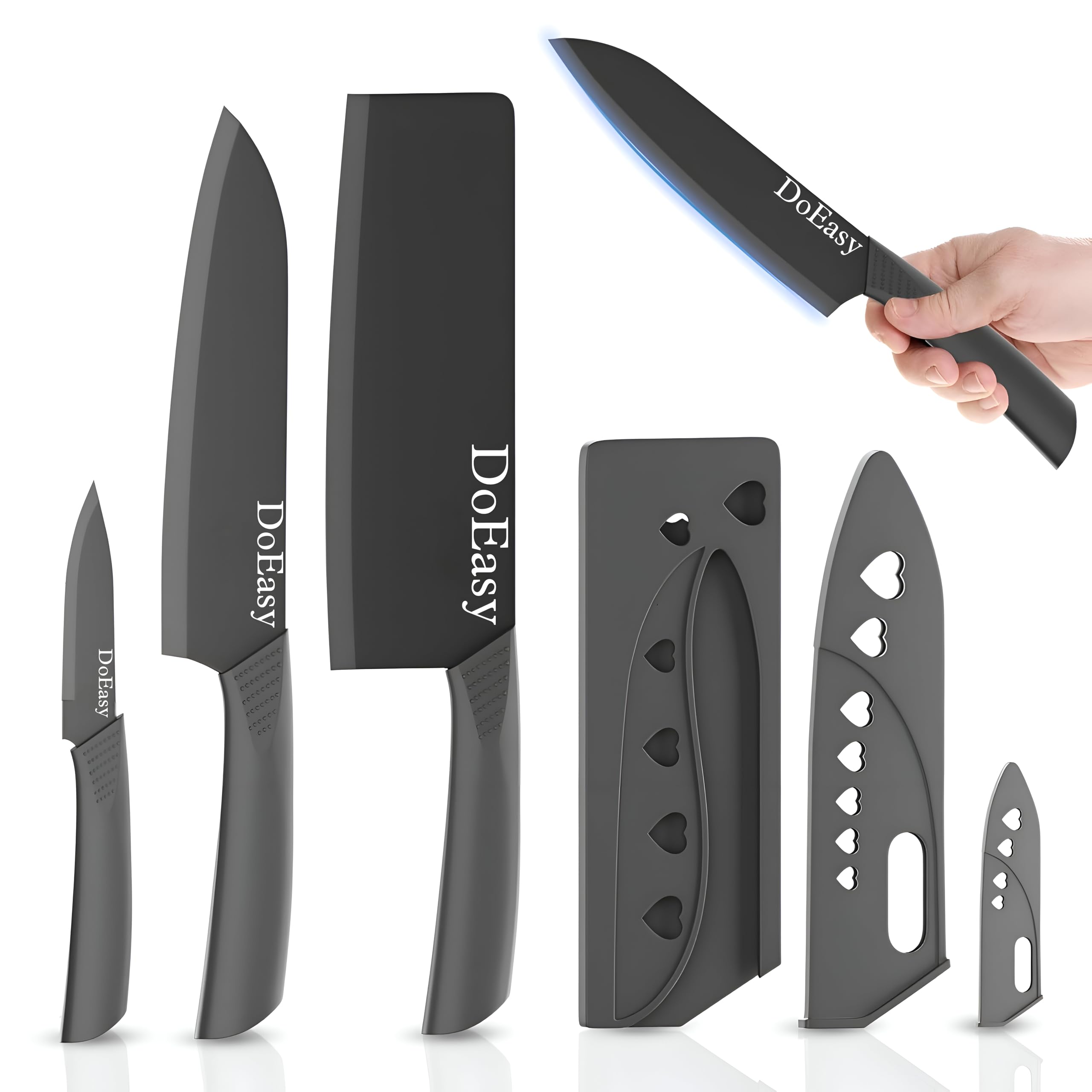 DOEASY 3 Piece Stainless Steel Professional Kitchen Knife Set/Meat Knife/Chef Knife with Non-Slip Handle Sharp Manual Sharpening for Home Kitchen, High Carbon Stainless Steel Knife Set (Black)