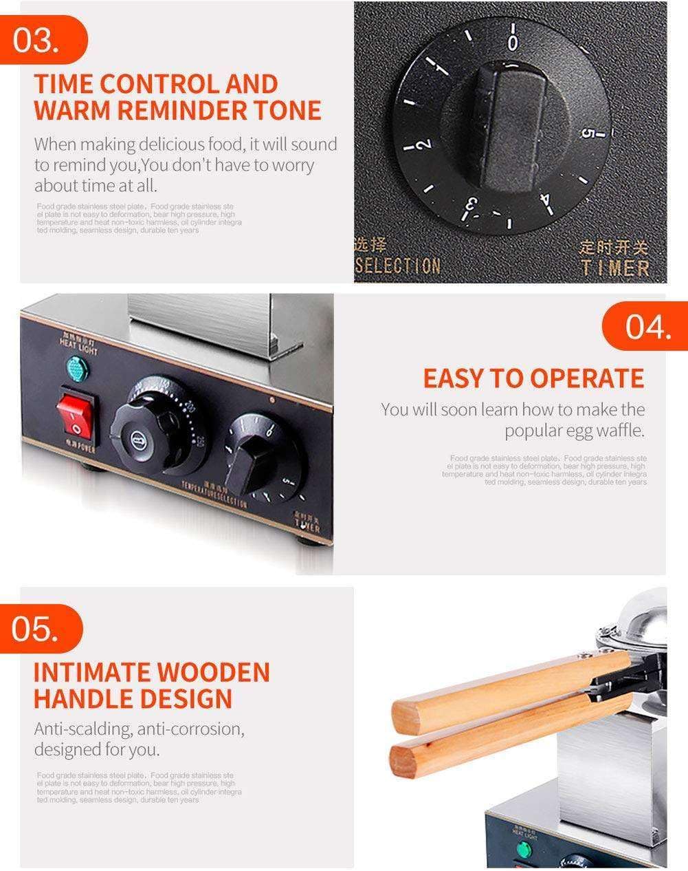 Commercial Bubble Waffle Maker 180° Rotating Electric Waffle Making Machine | 50-250℃ Non-Stick Flip WaffleIron Waffle Maker Time Control Temperature Adjustable Double,