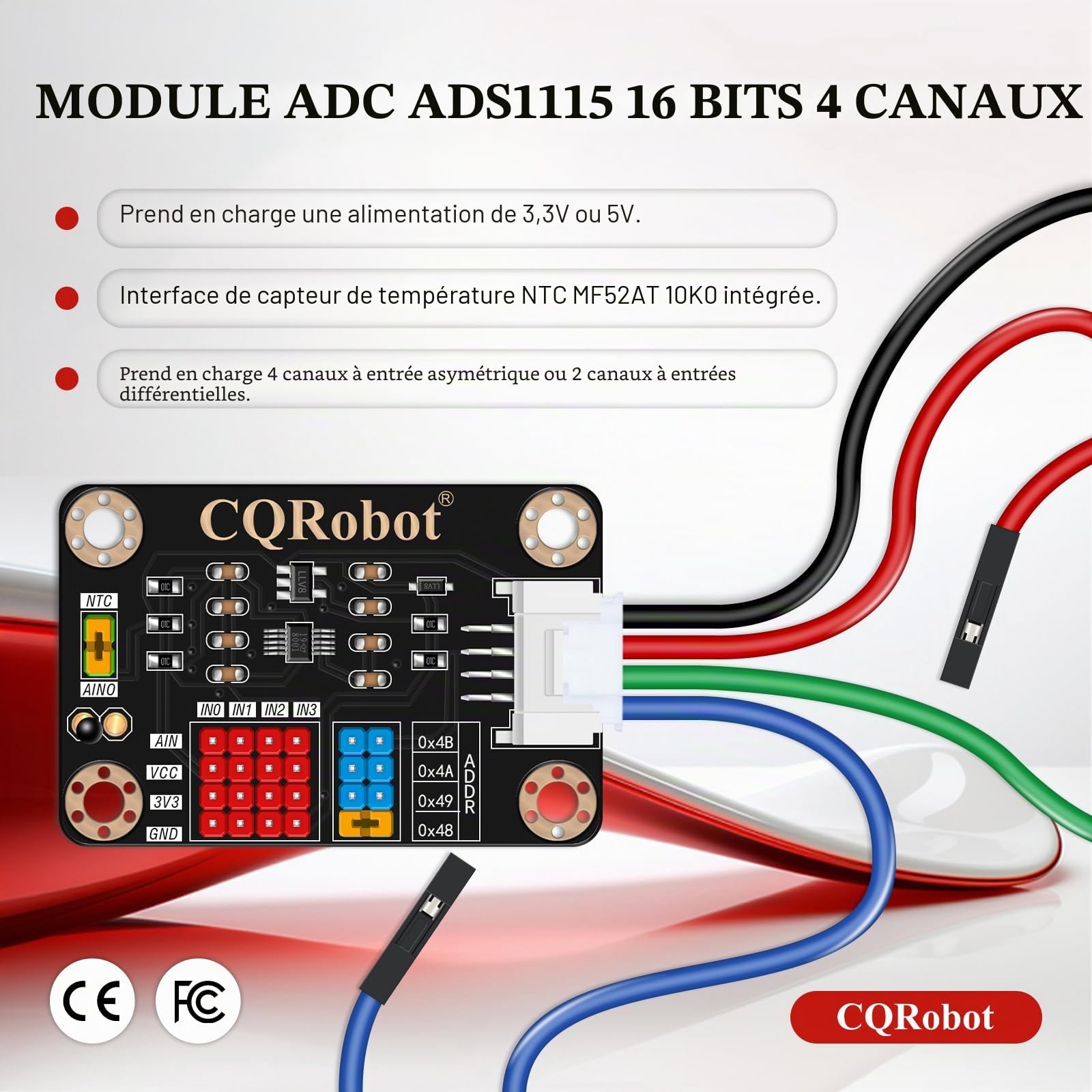CQRobot Module Convertisseur ADC 16 Bits 4 Canaux ADS1115, avec Gain Programmable, Adresse I2C et Mesure de Température, Compatible Arduino et Raspberry Pi, Double Tension 3.3V/5V.
