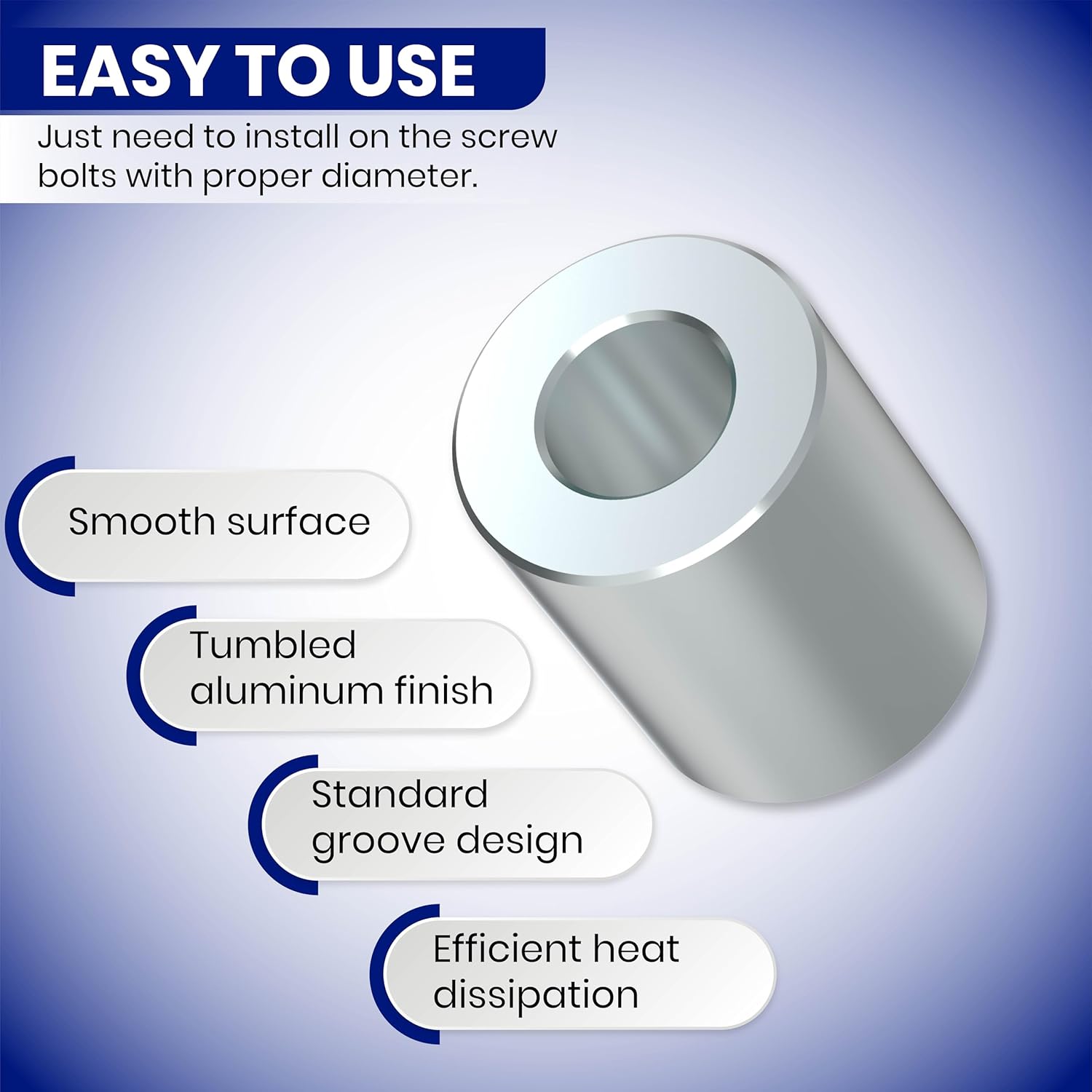 Aluminum Spacer - OD-1"-ID-1/2" ID - Unthreaded Round Standoff Bushing, Precision Metal Spacer, Plain Finish, Durable T-6061 Aluminum for 1/2" or M12 Screws/Bolts, 1-1/4" Length (Pack of 3)