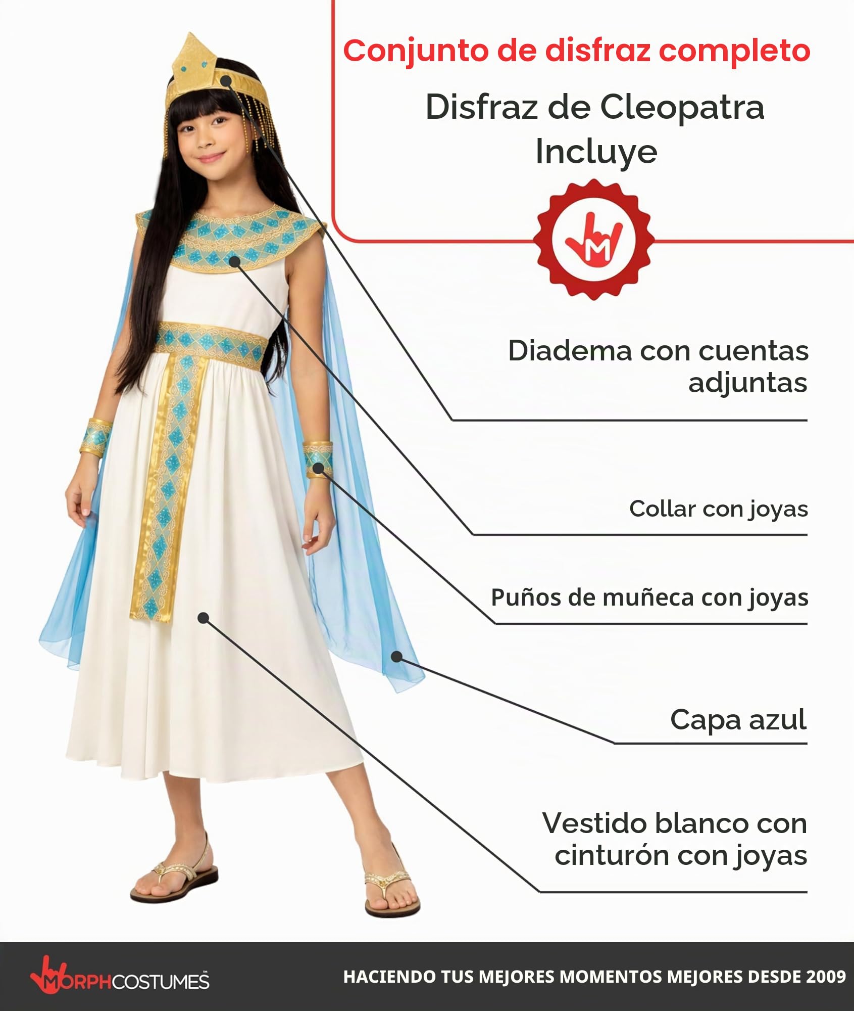 Morph Disfraz Cleopatra Niña, Disfraz Egipcio Halloween Niña | Vestido, Collar, Tocado, Capa & Puños, Reina del Antiguo Egipto, Perfecto para Halloween, Ideal para Juegos de Rol