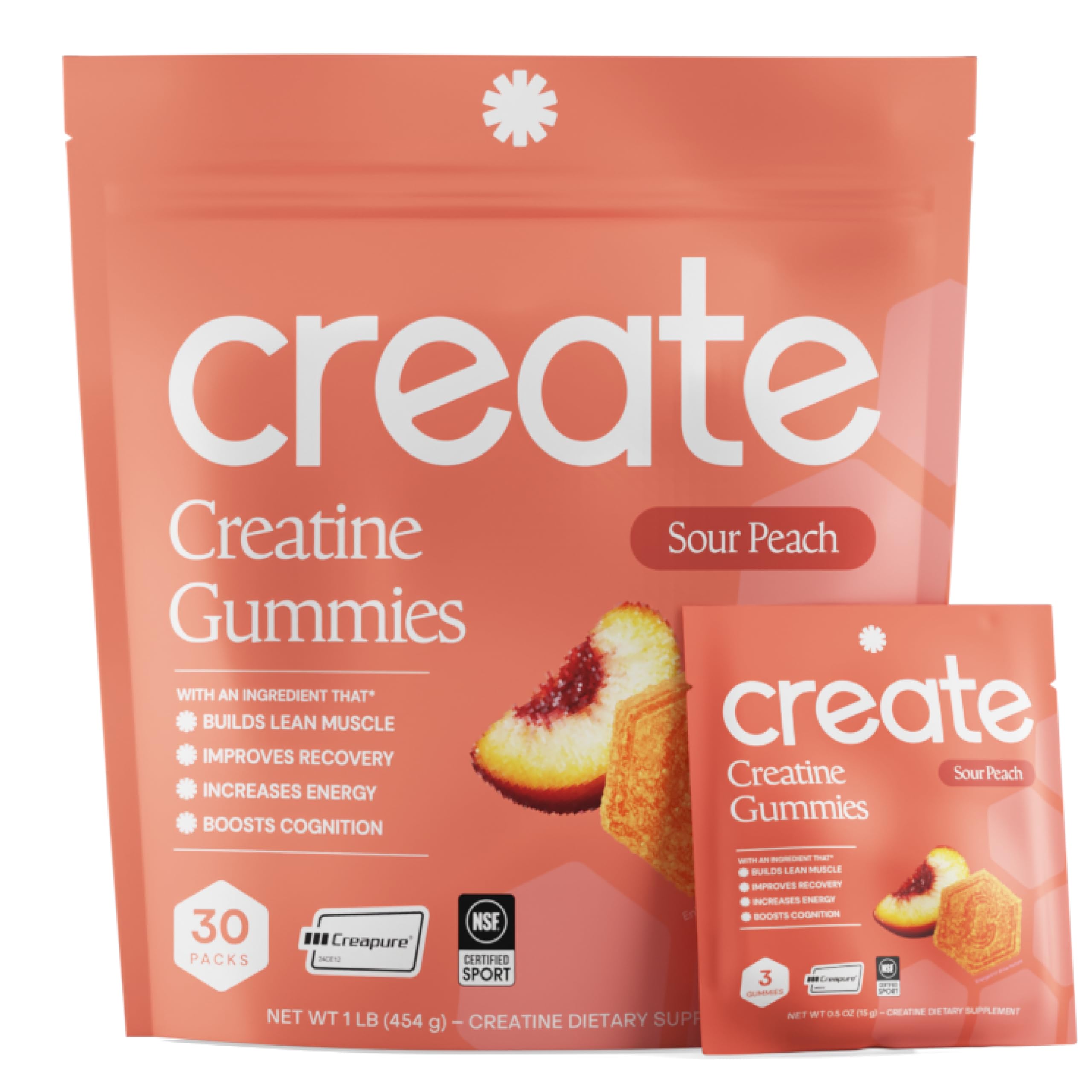 Create Creatine Monohydrate Gummies, 30 Single-Serve Packs, Sour Peach