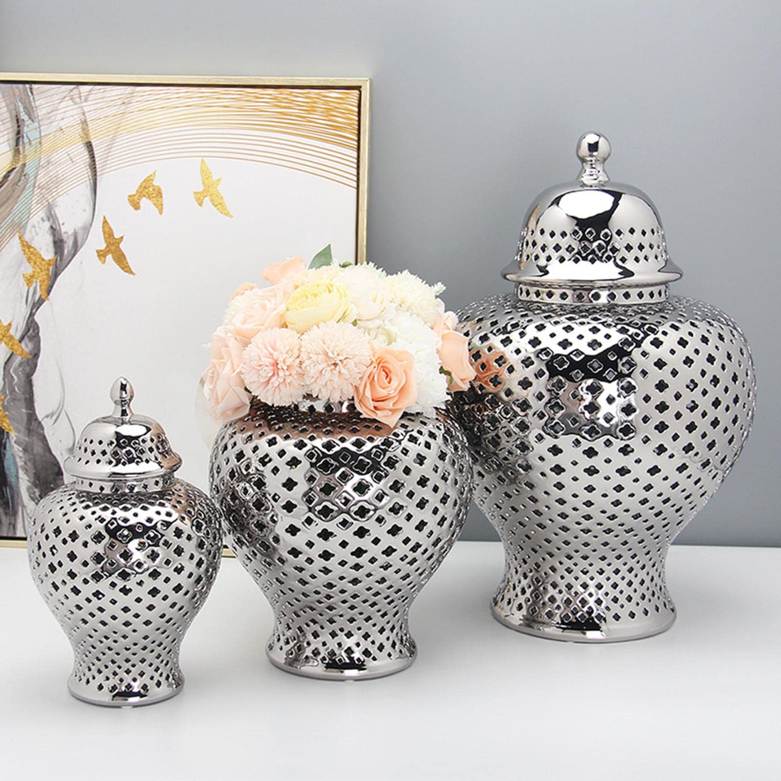 Ginger Jar Porzellan Behälter Vase Dekorativer Handgehobelt Stilvoll mit Deckel für Heimtextilien Sammlung Ausstellung, Silber