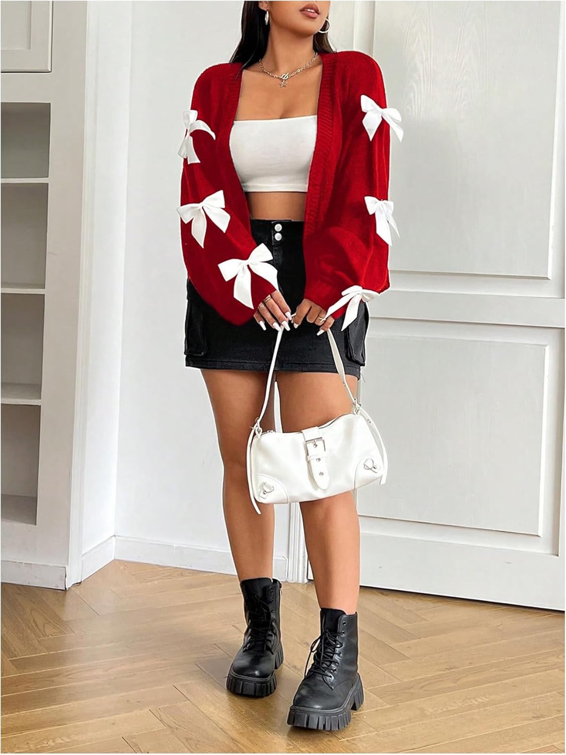 Women's Plus Size Bow Cardigan Sweater Open Front Long Sleeve Drop Shoulder Sweaters Knitted Cardigan