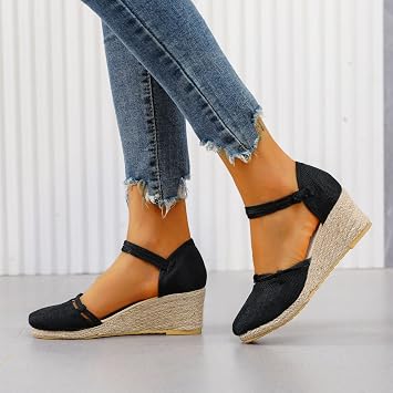 EMRELOD Womens Ankle Strap Closed Toe Espadrille Wedge Heels Sandals Wide Width Dressy Summer Elegant Comfortable Fashion Ankle Buckle Shoes Platform Wedges Sandals Casual Shoes 07-Black, 8