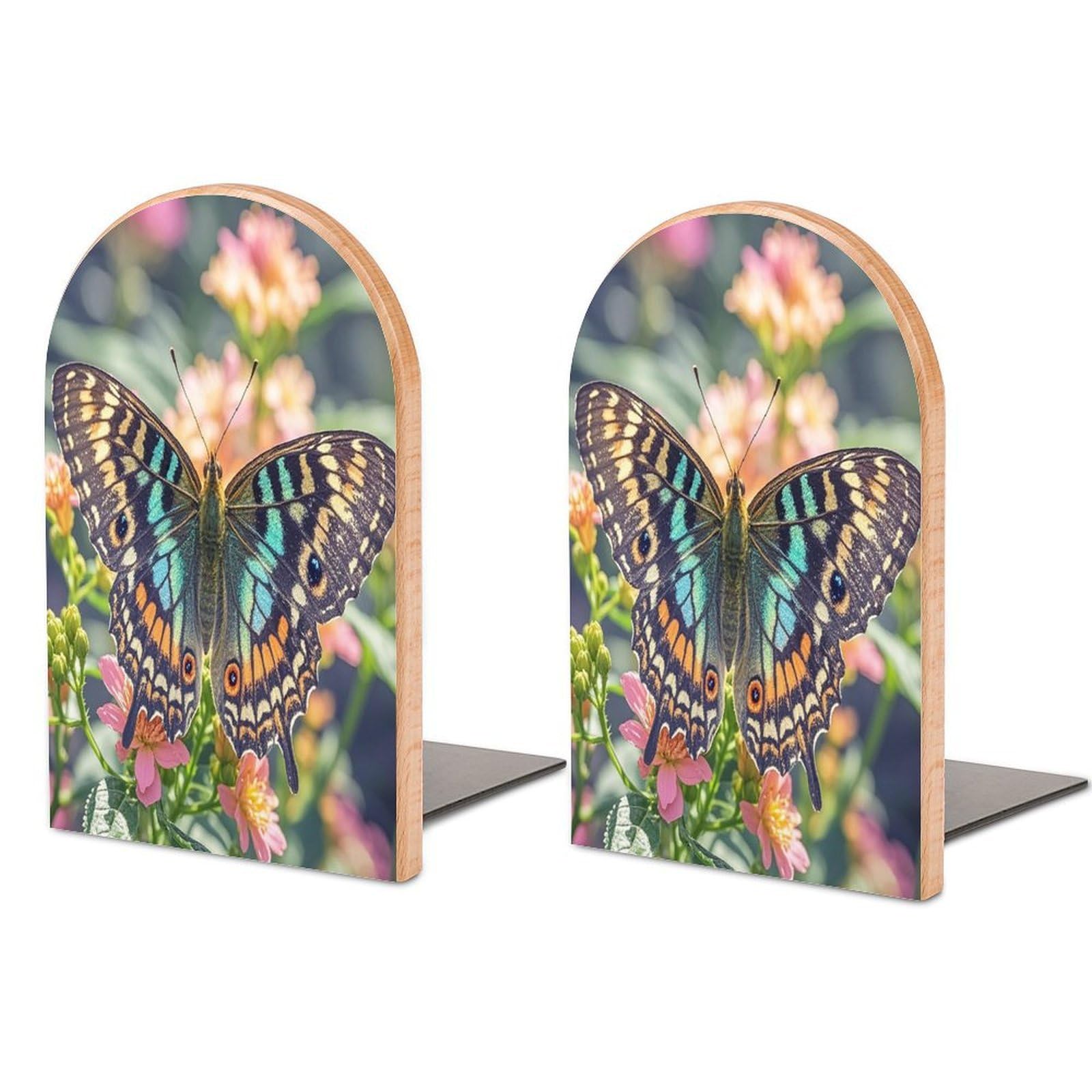 Butterfly Book Ends Wood Non-Skid Bookend for Shelves Heavy Duty Bookends with Metal Base Decorative Books Stopper Desk Organizers Book Dividers for Office Home 1 Pair