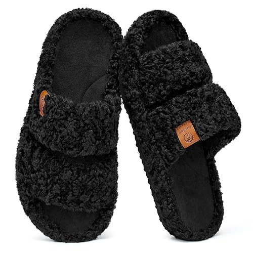 EverFoams Womens Fuzzy Open-toe Slippers Soft Comfy Memory Foam Indoor