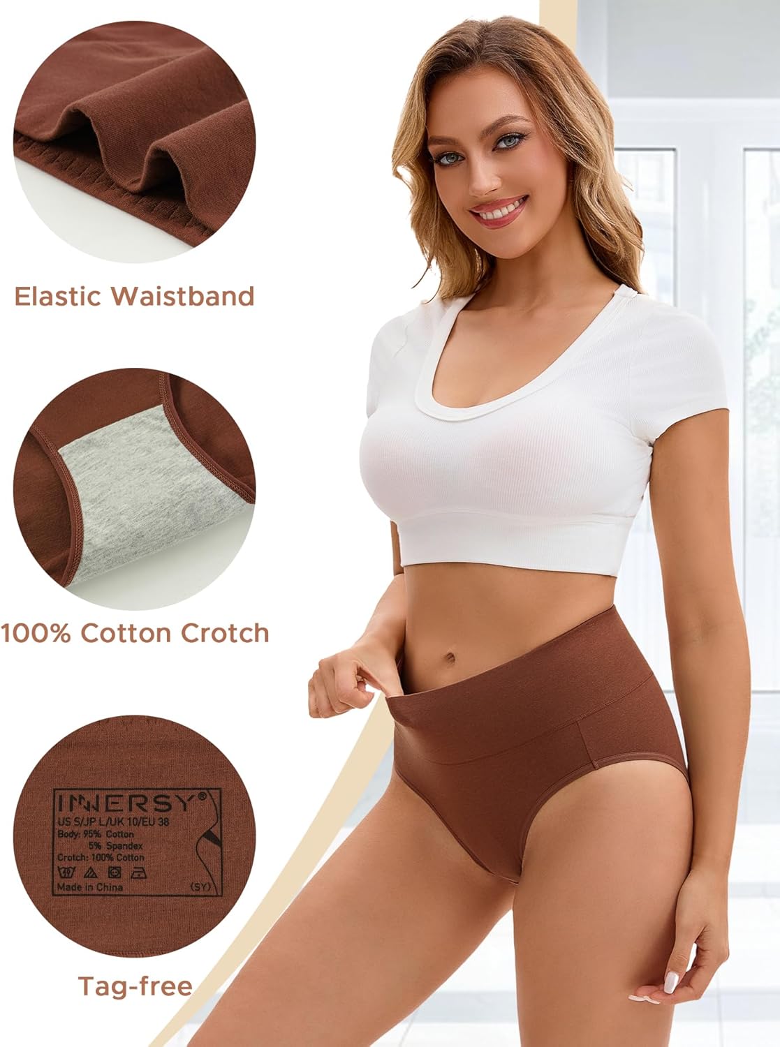 INNERSY Women's Underwear Cotton Soft Underwear High Waisted Breathable Briefs 5 Pack - Image 3