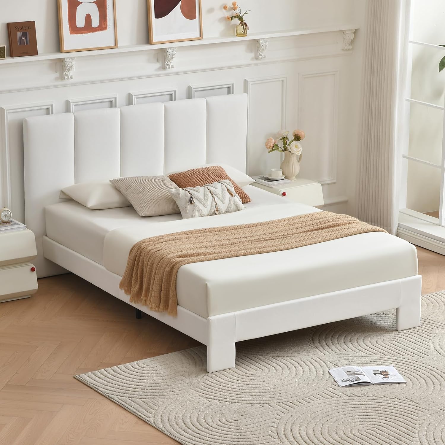 VELOCAVA Queen Size Upholstered Platform Bed Frame with Vertical Panel Headboard & 6" Upholstered Block Legs, 11 Wood Slats and 5 Support Legs, No Box Spring Needed, Linen-Look Fabric, White