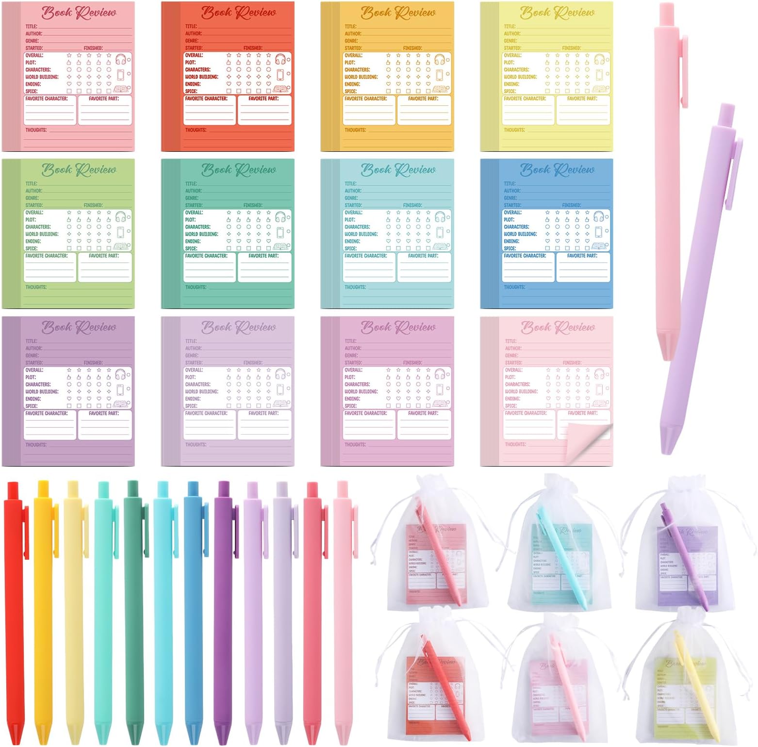 12 Sets Book Review Sticky Notes Kit Colorful Reading List Books Review Stickers Tracker Bookmarks Cards with Ballpoint Pens Organza Bags Back to School Student Gift End of Year Favors for Book Lovers