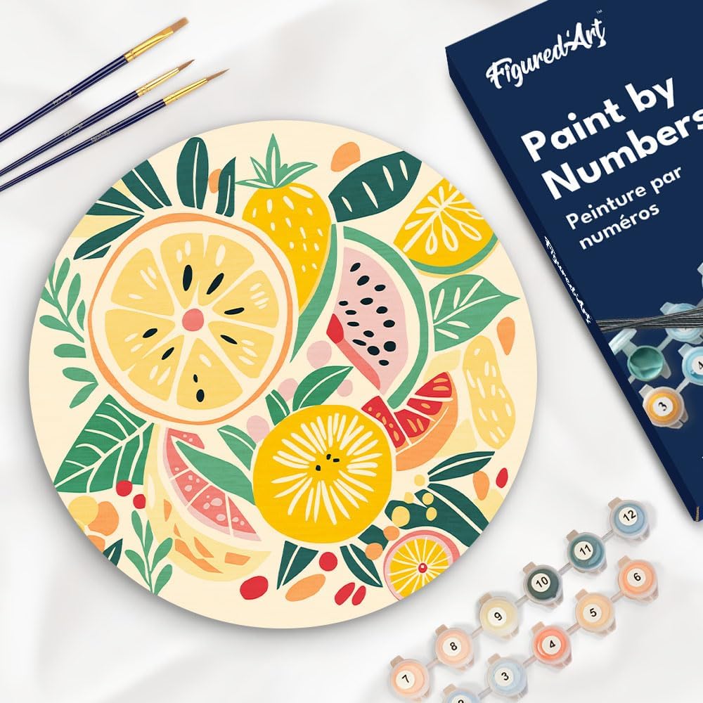 Figured'Art Paint by Numbers Kit for Adults on Wood Slice, 11.8in Diameter - Fruits - Craft Art Painting DIY Canvas