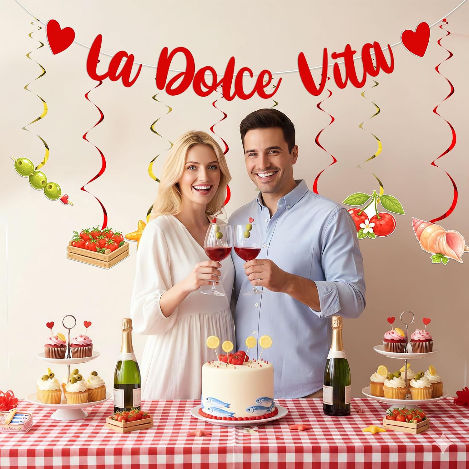 La Dolce Vita Party Decorations Red Heart La Dolce Vita Banner Cherrry Lemon Starfish Conch Hanging Swirls Kit for Italian Summer Bachelorette Party Bridal Shower Engagement Supplies image 3