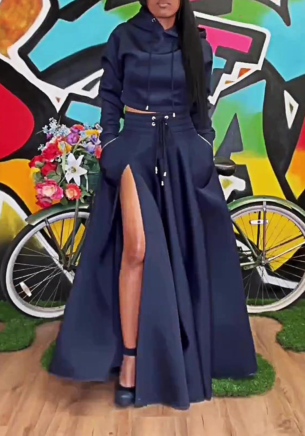 Seltaon Women's Casual 2 Piece Outfits Long Sleeves Hoodies Sweatshirts and High Waist Split Skirt Sweatsuit Lounge Sets - Image 3