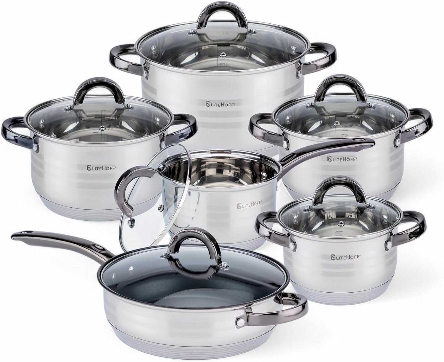 Induction Cookware Set with Glass Lid, 7-Layer Stainless Steel Pot and Pan Set with Lid, Black Handles, Cookware Set for All Hobs (12-Piece)