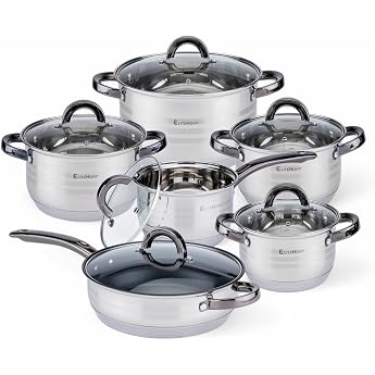 EliteHoff Induction Cookware Set with Glass Lid 7-Layer Stainless Steel Pot and Pan Set with Lid Black Handles Cookware Set for All Hobs 12-Piece