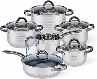 Sponsored You’re seeing this ad based on the product’s relevance to your search query.Learn more about this advertisement EliteHoff Induction Cookware Set with Glass Lid, 7-Layer Stainless Steel Pot and Pan Set with Lid, Black Handles, Cookware Set for All Hobs (12-Piece)
