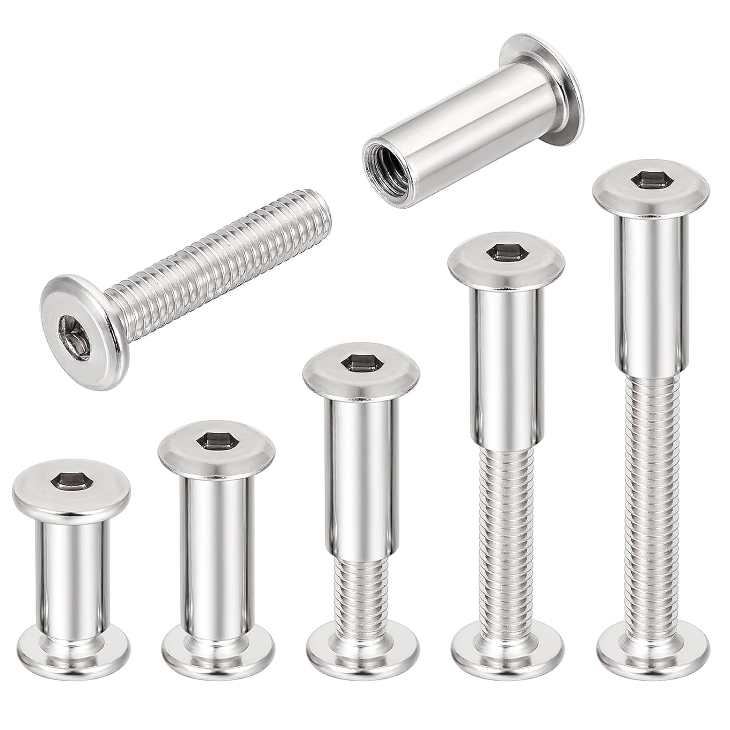 100 Sets Silver Hexagon Nuts and Bolts Assortment Kit - M6x30mm Metal Fastener Connector for Machine Screws, Furniture Binding Screw Bolts Cap Nuts Socket Cover