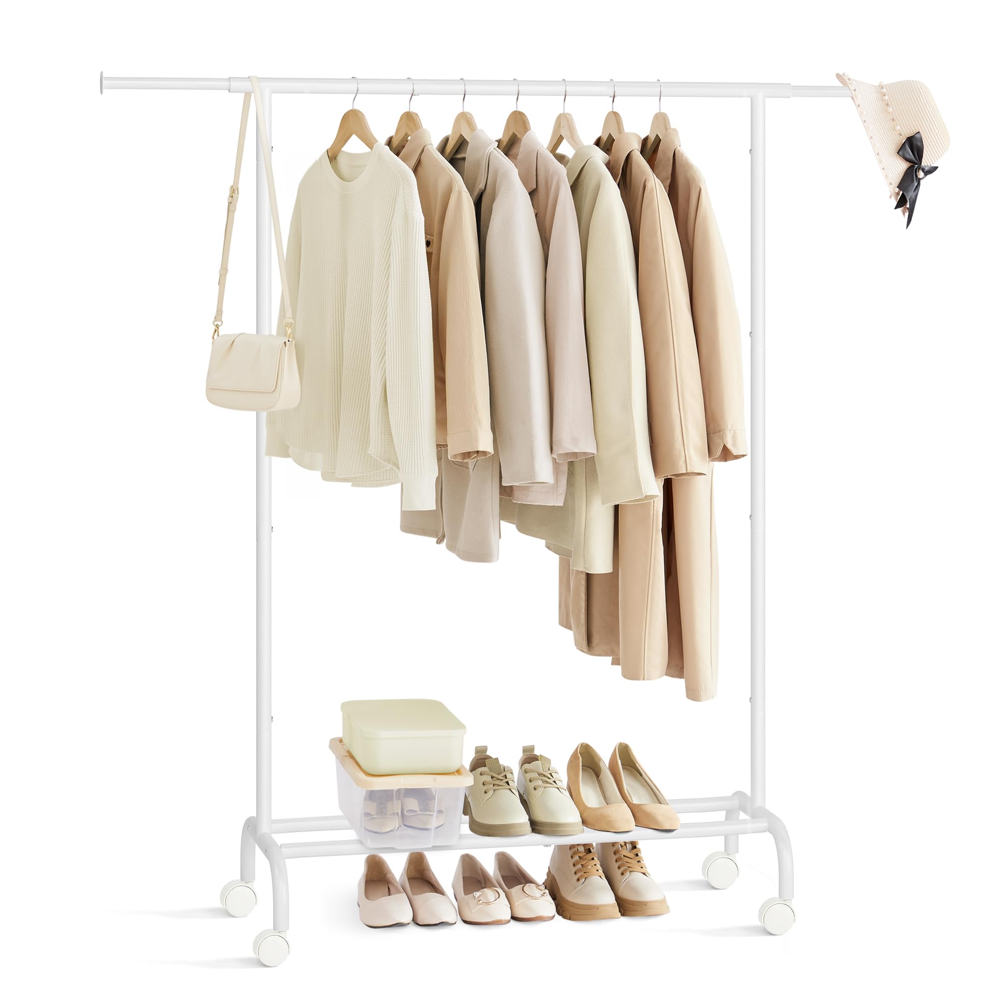 SONGMICS Clothes Rack with Wheels Coat Rack with Shelf Length 98.5 cm Bar Capacity 50 kg Steel Structure Bedroom Natural Beige and Cloud White HSR151W01