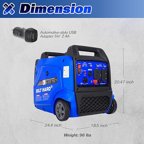 Miniatura 5 de BILT HARD Generador de 5500 vatios, generador inversor silencioso portátil con arranque eléctrico, 120 V NEMA 5-20R, NEMA TT-30R y salida de 12 V