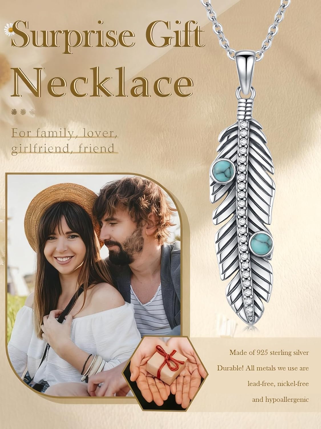 Feather Necklace 925 Sterling Silver Turquoise Pendant Vintage Western Pendant Native American Gifts - Image 7